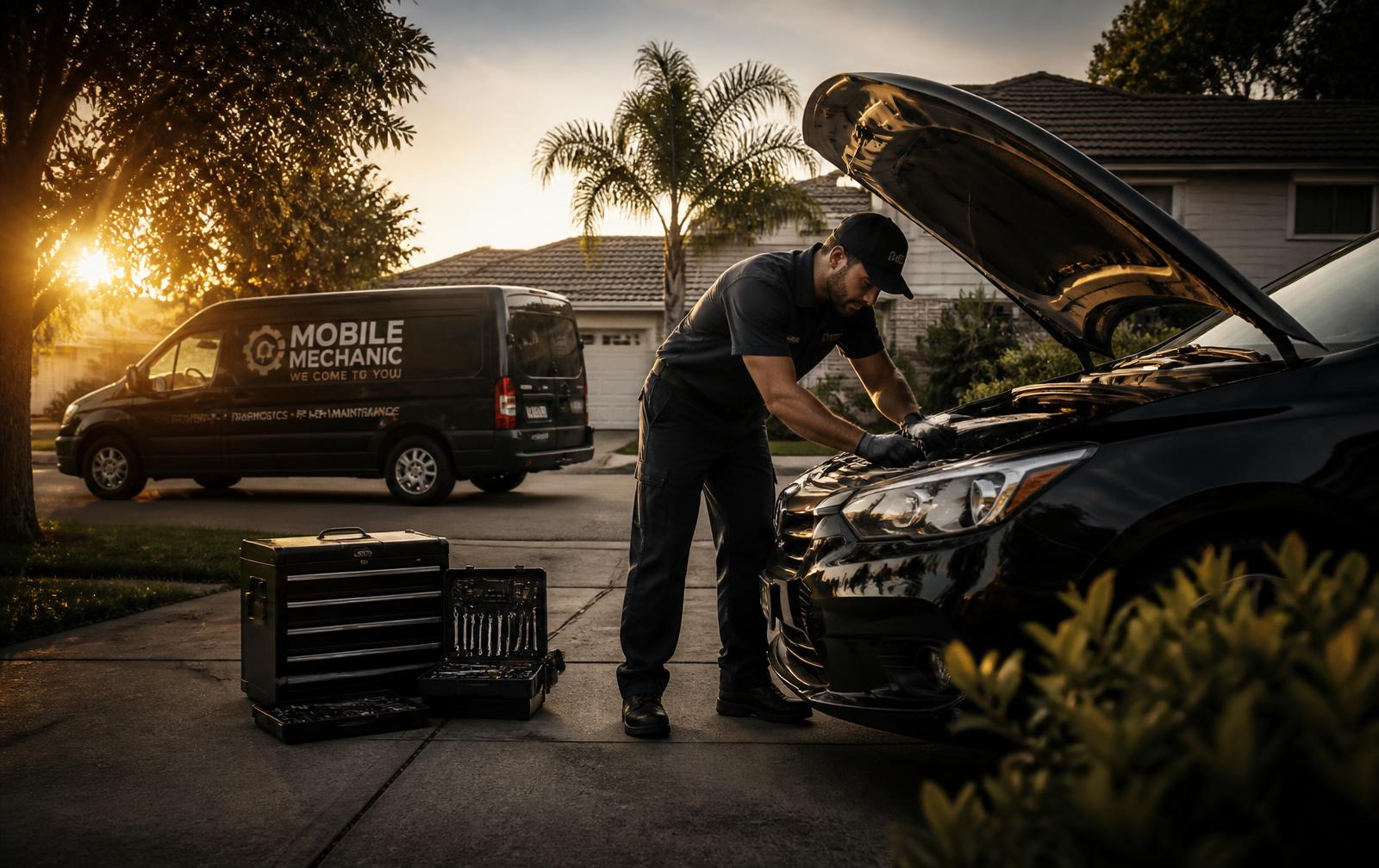 Edward from Buck's Auto working on a car engine in a customer's driveway beside his mobile mechanic van